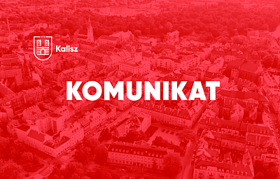 czerwone tło, po lewej stronie białe logo Kalisza, poniżej napis komunikat