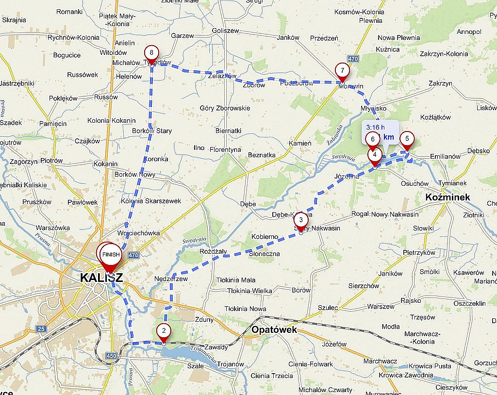 Mapa pierwszego etapu szlaku czterech zbiorników wodnych Kalisz - Szałe -Murowaniec - Kalisz