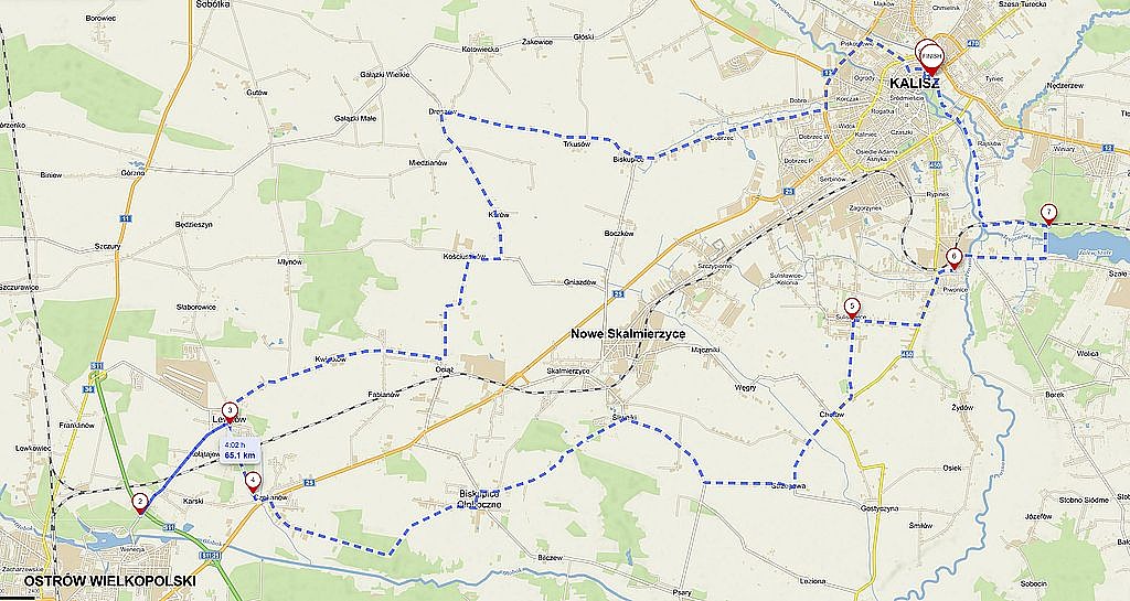 Mapa czwartego etapu szlaku czterech zbiorników wodnych Kalisz - zbiornik Piaski-Szczygliczka - zbiornik Szałe - Kalisz