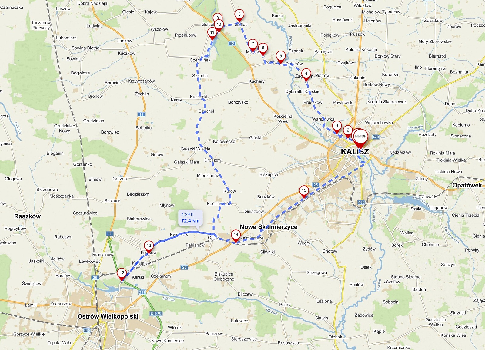 Mapa trzeciego etapu szlaku czterech zbiorników wodnych Kalisz - zbiornik Gołuchów - zbiornik Piaski-Szczygliczka - Kalisz