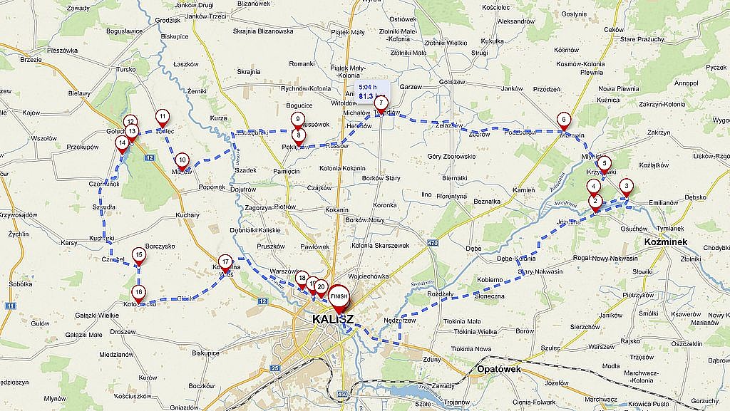 Mapa drugiego etapu szlaku czterech zbiorników wodnych Kalisz - Murowaniec - Gołuchów - Kalisz