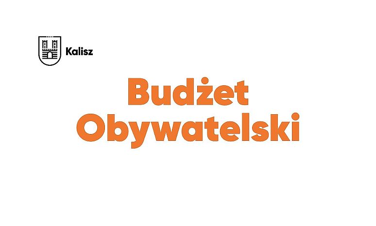 Biała grafika z czarnym logiem Kalisza i pomarańczowym napisem budżet obywatelski