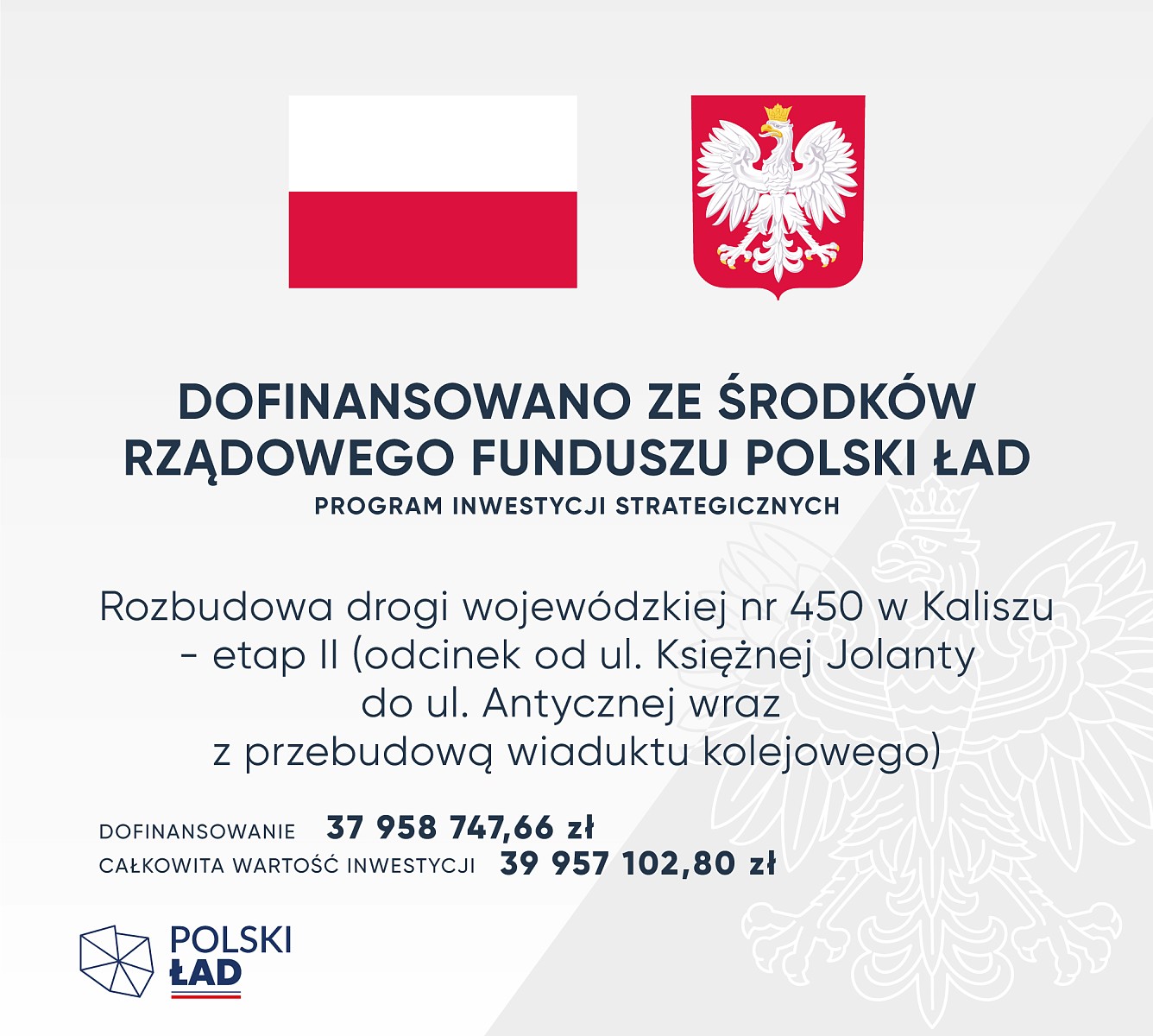 Projekt pn. Rozbudowa drogi wojewódzkiej nr 450 w Kaliszu - etap II (odcinek od ul. Ks. Jolanty do ul. Antycznej wraz z przebudową wiaduktu kolejowego) w ramach Rządowego Funduszu Polski Ład: Programu Inwestycji Strategicznych